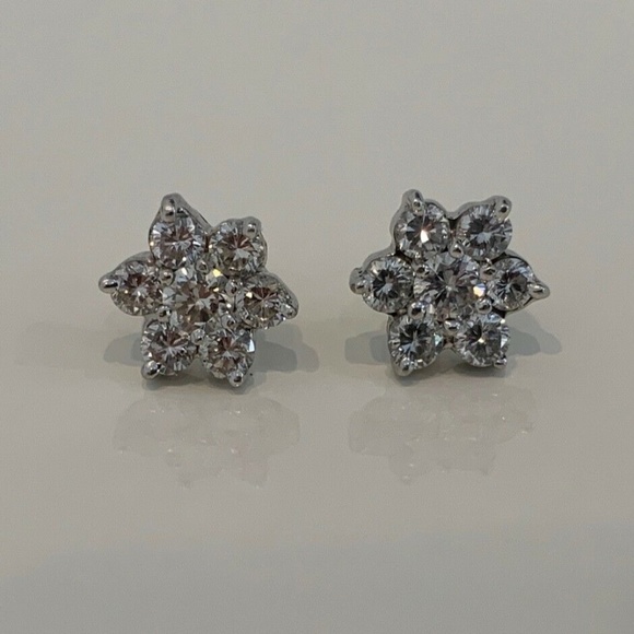 DIAMOND ROUND BRILLIANT FLOWER STUD EARRINGS 1.4CT - Picture 10 of 16